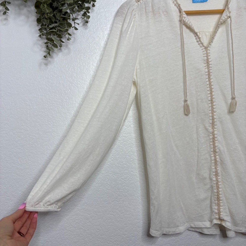 J.McLaughlin Linen Blend Boho Whipstitch Tassel Tie Blouse Ivory Cream Womens M - Picture 6 of 8